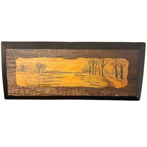 Vintage Hand Painted Wood Slab | Landscape Autumn Sunset Lake Scene Rustic Art